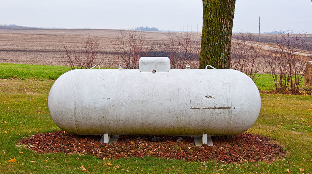 Large propane tank outside under tree